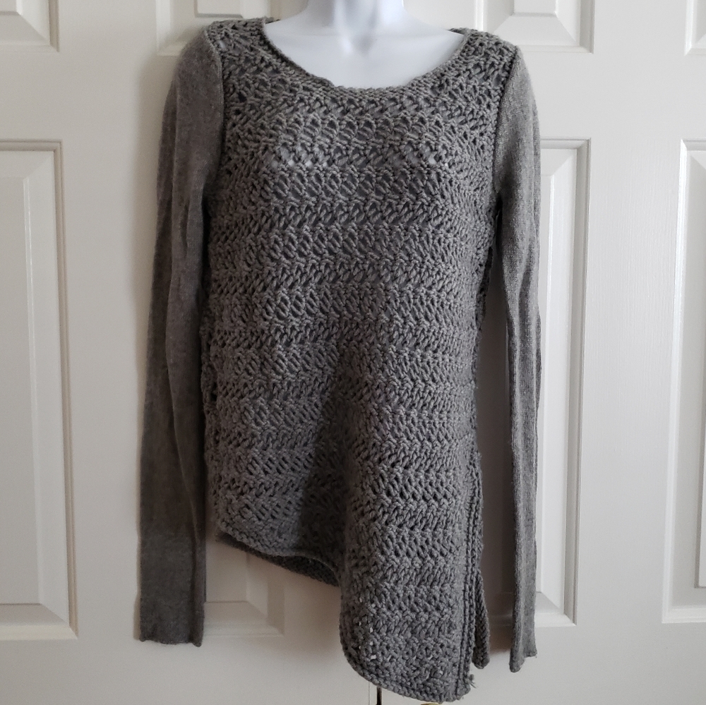 Helmut Lang Womens Open Knit Wool Cashmere Gray Sweater S Asymmetric Pullover